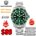 Watchdives WD1680Q V2 Green Dial Quartz Watches VH31 Sweep Second Movement Sapphire 200M Waterproof Stainless steel WristWatch