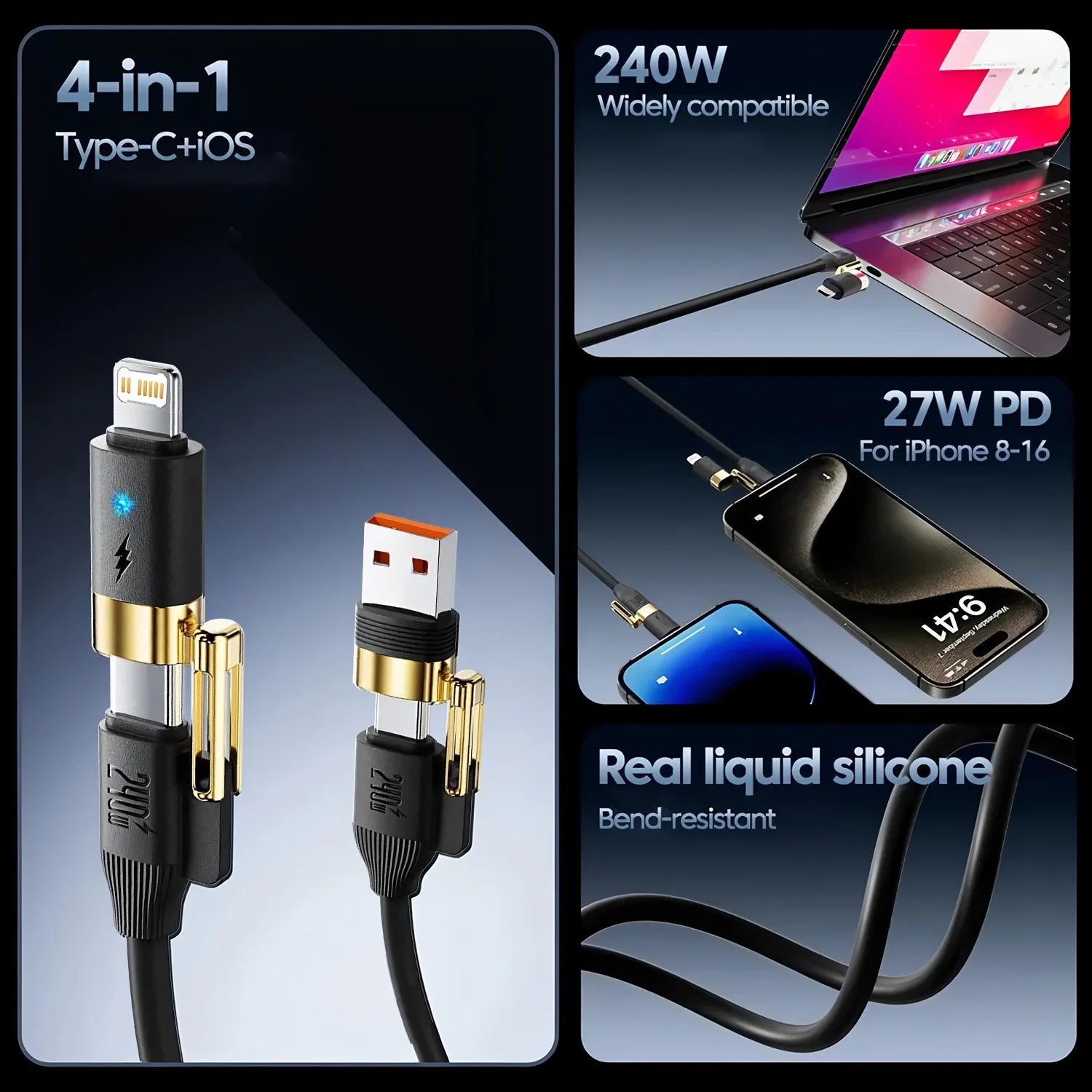 240W 4-in-1 Fast Charging Data Cable Type-C To Type-C Zinc Alloy Cable For iPhone15 Samsung Huawei Xiaomi