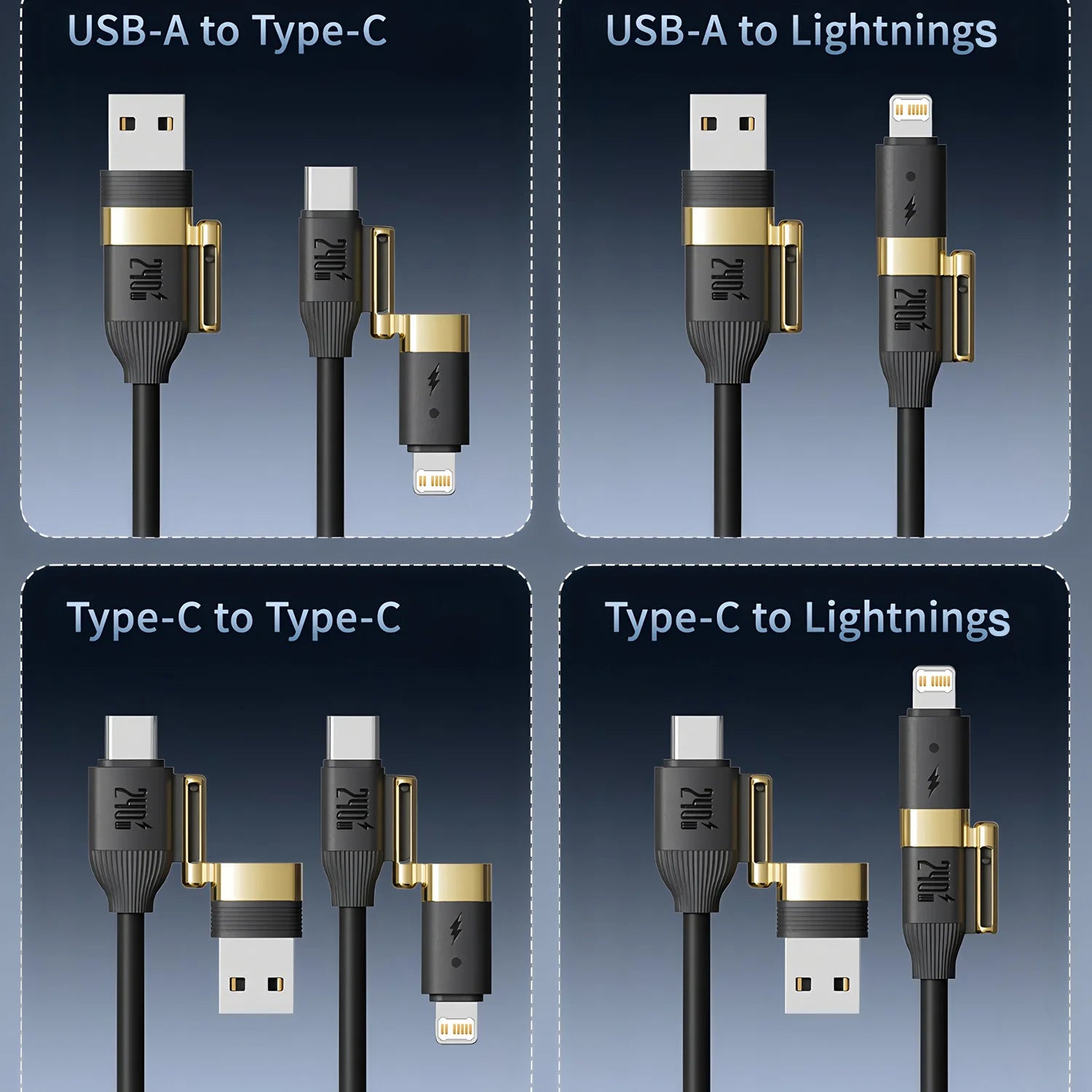 240W 4-in-1 Fast Charging Data Cable Type-C To Type-C Zinc Alloy Cable For iPhone15 Samsung Huawei Xiaomi